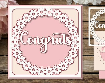 Congrats Layered papercut SVG card with flowers, Birthday card, Wedding card, Congratulations card 3D, Paper Cut template, Shadow Box