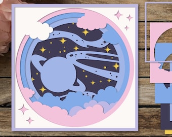 Layered paper cut, Clouds and stars, 3D Planet in Space SVG, Shadow box 3D
