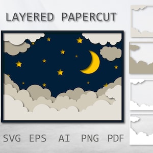 Scherenschnitt Layered Scherenschnitt 3D Nachthimmel, Scherenschnitt Vorlage, Shadow Box SVG, 3d Scherenschnitt SVG