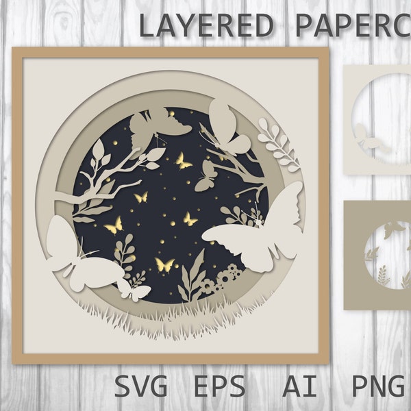 Layered papercut 3D Butterfly SVG, Paper Cutting shadow box, Butterflies paper cut template