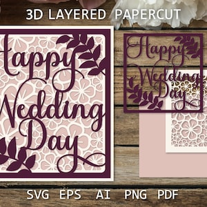 以下が含まれることがあります： 「Happy Wedding Day」という文字が、ワインレッドで書かれた、3Dレイヤーペーパーカットデザイン。花柄と葉っぱのデザインが施されています。このペーパーカットは、結婚式カードや招待状に組み立てることができます。