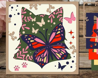 Plantilla de recorte de papel de gato en capas de primavera, Svg, decoración 3D para habitación, caja de sombra de recorte de papel, animales