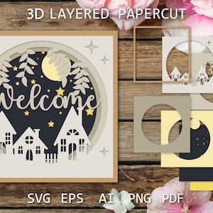 Design de cartão de boas-vindas, corte de papel em camadas 3D Cartão de boas-vindas SVG, modelos de corte de papel para Cricut