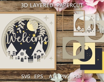 Welkomstkaartontwerp, 3D-gelaagd papier gesneden Welkomstkaart SVG, papiersnijsjablonen voor Cricut