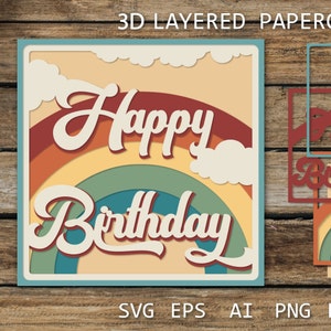 Design de cartão de feliz aniversário, cartão de felicitações com recorte de papel retrô SVG, modelo de recorte de papel para artesanato, caixa de sombra