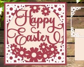Happy Easter card with Flowers, Elegant Layered paper cutting template, 3D Easter Shadow box paper cutting template, Minimalist Easter Card