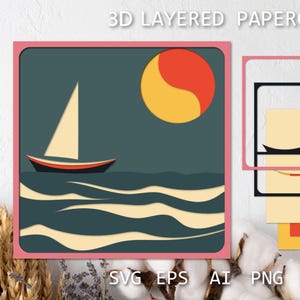 Layered papercut, Boat Paper cut 3D, Landscape Shadow box SVG, Paper cut template