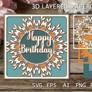 Birthday layered card, Layered Birthday paper cut design, Birthday Shadow Box SVG 3D paper cutting template