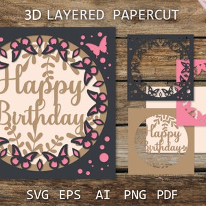 Conception de coupe de papier d’anniversaire en couches, carte d’anniversaire Cricut SVG, modèle de coupe de papier pour l’artisanat, Shadow Box