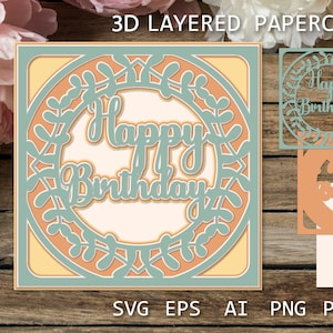 Birthday layered card with leaves SVG, Layered Birthday paper cut design, Birthday Shadow Box SVG 3D paper cutting template for cricut