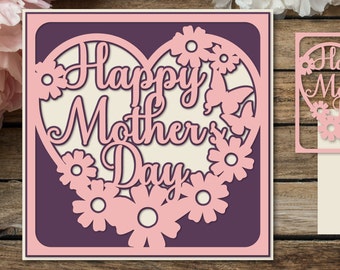Może przedstawiać: Warstwowa kartka z papieru w kolorze różowym i fioletowym z sercowatym wzorem. Serce zawiera napis "Happy Mother's Day" otoczony kwiatami i motylem.