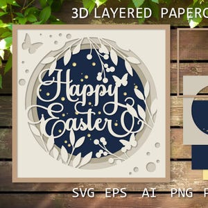 Szablon kartki wielkanocnej z kwiatami – Happy Easter Shadow Box SVG, kartka warstwowa