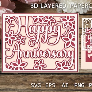 Szczęśliwej rocznicowej karty SVG | Projekt wycinanki warstwowej | Plik Cricut & Silhouette Cut, pomysły na kartki, karta 3D dla Cricut