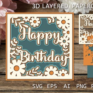 Carte d'anniversaire en couches unique avec des fleurs | Art en papier 3D | Voeux d'anniversaire pour tous, modèle SVG