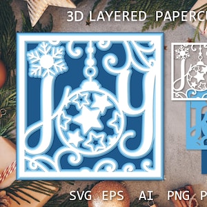 Tarjeta de Navidad con corte de papel en capas JOY, SVG, Joy 3D, plantilla de corte de papel para manualidades, Shadow Box