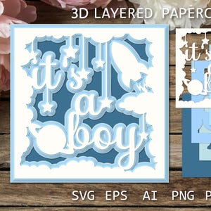 Tarjeta de "Es un niño", tarjeta en capas para bebé niño, plantilla de corte de papel SVG para bebé niño, caja de sombras 3D para nuevo bebé