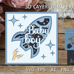 Baby Junge 3D Papierschnitt Karte, Willkommen Baby Junge, neues Baby Schattenbox 3D