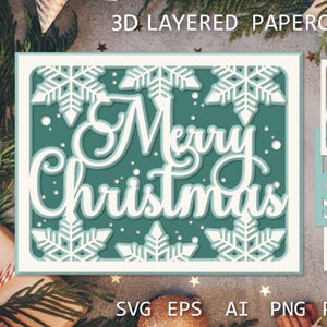 Cartão de Natal SVG em camadas com flocos de neve, cartão de Natal SVG, corte de papel 3D, modelo de corte de papel para artesanato, caixa de sombra