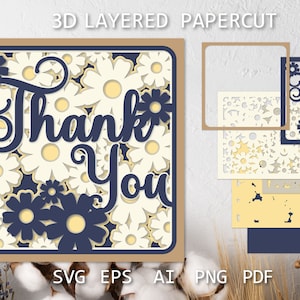 Cartão de agradecimento com flores, cartão de agradecimento corte de papel em camadas SVG, ideias de cartão de agradecimento, corte de papel 3d para cricut