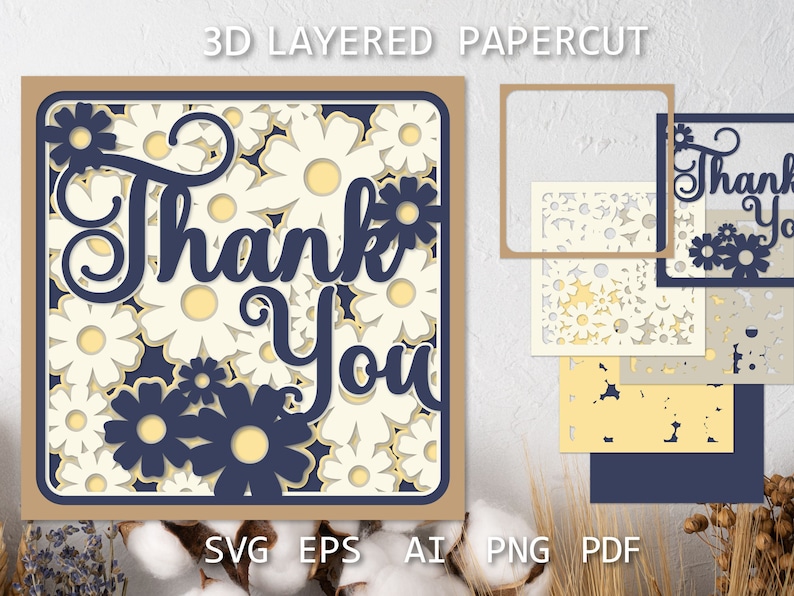 May include: A 3D layered papercut card with a white background and a navy blue "Thank You" message surrounded by white flowers. The card is designed for crafting and papercutting.