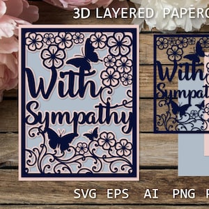 Avec carte de sympathie SVG avec fleurs et papillons, carte de condoléances découpée en papier 3D, boîte d'ombre 3D, pour Cricut
