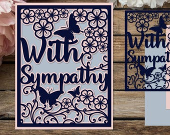 With Sympathy card SVG with flowers and butterflies, Condolence paper cut card 3D, Shadow box 3D, for Cricut