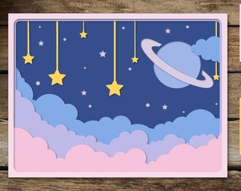 Layered paper cut, Clouds and stars, 3D Planet Shadow box