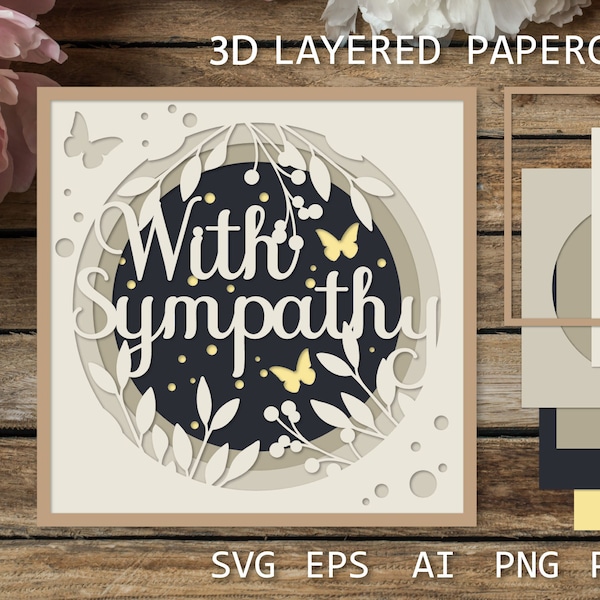 With Sympathy card SVG, Condolence paper cut card 3D, Shadow box 3D, for Cricut