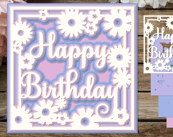 Happy Birthday Layered card with flowers, SVG 3D paper cutting template, Shadow box for cricut