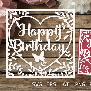 Cartões de felicitações Cartão de feliz aniversário, modelo de corte de papel SVG de aniversário, aniversário com borboleta e coração