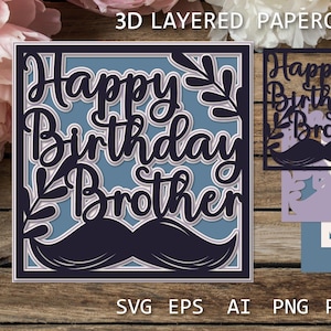 Feliz aniversário irmão modelo de corte de papel em camadas SVG, cartão para irmão corte de papel, cartão retro caixa de sombra