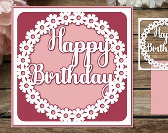 Birthday layered card with flowers SVG, Layered Birthday paper cut design, Birthday Shadow Box SVG 3D Flowers