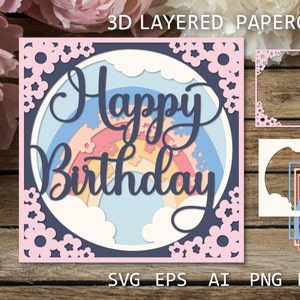 Birthday card with flowers and rainbow, Layered paper cutting template SVG, Paper Cut template for crafts, Birthday Shadow Box 3D