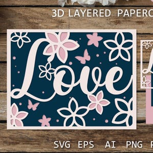 Layered Papercut Love Card SVG - Modello di biglietto romantico 3D, design fai da te con taglio di carta per Cricut e Silhouette, San Valentino o anniversario