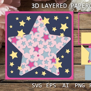 Warstwowa wycinanka papierowa Gwiazda i gwiazdy, Wycinanka z gwiazdą, Pudełko cieni do Cricut, Szablon wycinanki papierowej 3D gwiazdy