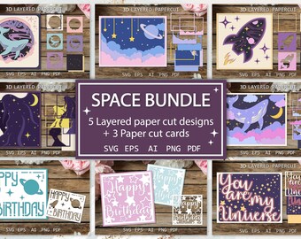 Space paper cut Bundle, Layered art paper cut Shadow box, 3D Planet Rocket in Space SVG, Layered cards
