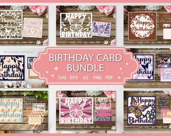 Geburtstagskarten-Bundle, SVG-Papierschnitt, Papierschnittvorlage, Schattenbox SVG, Papierschnittkarte, Papierschnittvorlage, 3D-Karten