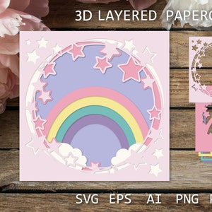Arc-en-ciel découpé en papier superposé, arc-en-ciel 3D avec artisanat en papier étoiles