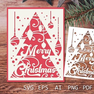 Cartão de Natal SVG Papel cortado, Árvore de Natal SVG, Modelo de papel cortado de inverno