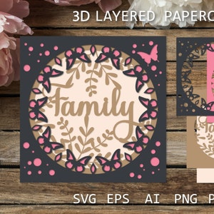 Family Layered papercut, 3D Template with butterflies, SVG Shadow box, paper cutting template