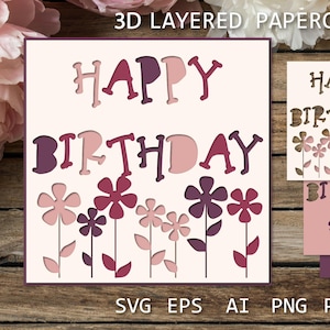 Cartão de aniversário com flores, Modelo de corte de papel em camadas SVG, Modelo de corte de papel para artesanato, Caixa de sombra de aniversário 3D