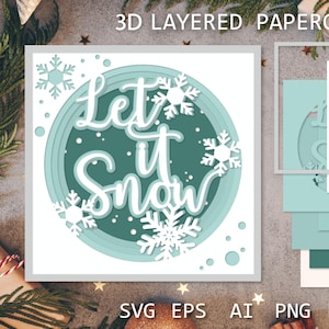 Cartolina di Natale 3D, modelli di carta tagliata a strati Let it Snow, cartolina di Natale SVG, modello 3D di carta tagliata per artigianato, Shadow Box