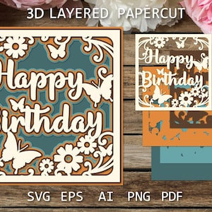 Geburtstagskarte mit Blumen & Schmetterlingen SVG | Mehrschichtiger alles Gute zum Geburtstag Papierschnitt | 3D Schatten Box Vorlage