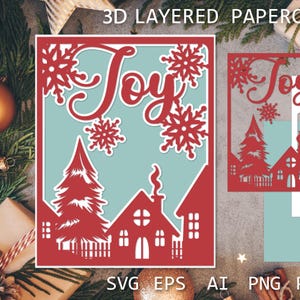Tarjeta de Navidad con corte de papel en capas JOY, SVG, Joy 3D, plantilla de corte de papel para manualidades, Shadow Box