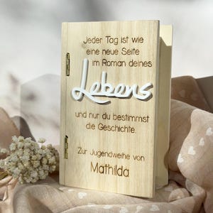 Geldgeschenk in Buchbox für verschiedene Anlässe personalisiert "Lebens" | mit Wunscherfüller im Reagenzglas und Trockenblumen