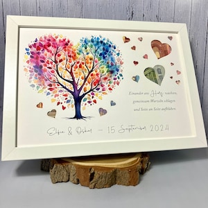 Money gift for the wedding | personalized | with colorful wedding tree and punched out hearts | optionally in a picture frame as a souvenir