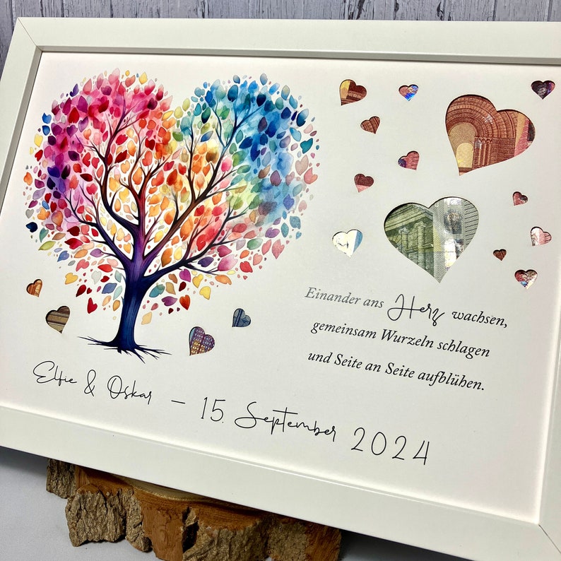 Money gift for the wedding personalized with colorful wedding tree and punched out hearts optionally in a picture frame as a souvenir image 7
