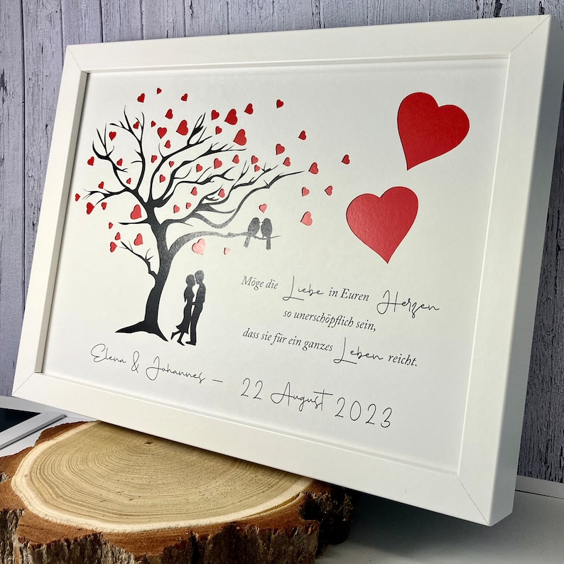 Cadeau d'argent pour le mariage personnalisé avec arbre et coeurs perforés éventuellement à accrocher dans le cadre photo comme souvenir image 6