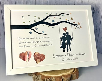 Geldgeschenk zur Hochzeit | personalisiert | mit Baumschaukel und ausgestanzten Herzen | optional im Bilderrahmen als Erinnerung