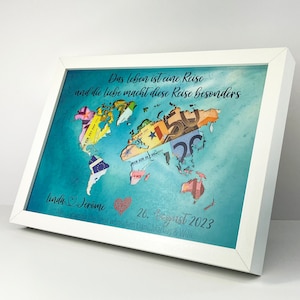 Personalisiertes Geldgeschenk zur Hochzeit | mit ausgestanzter Weltkarte in Wasseroptik | optional im Bilderrahmen 30x21cm